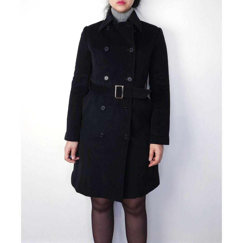 Vintage angora wool black double breasted belted trench long pea coat women